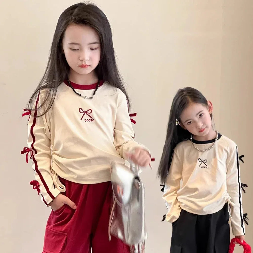 Autumn Fashion New Girls Clothes Red Bow Decoration Letter Embroidery Long Sleeved Top+Work Pants 2Pcs Set Children's Clothing