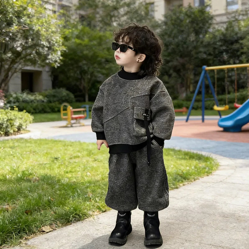 New Velvet Set  Children 2026 Spring Autumn Hoodie Korean Edition Cool Handsome Casual Pants Children's Wear Two Piece Set 4-12Y