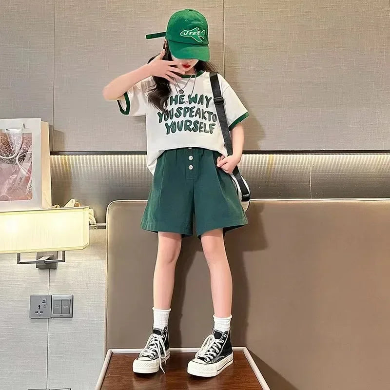 Children's Sets Teenager Clothing Free Shipping Items Summer Color Block Sports Suit Letter T-shirt +Quarter Pants Two-piece Set