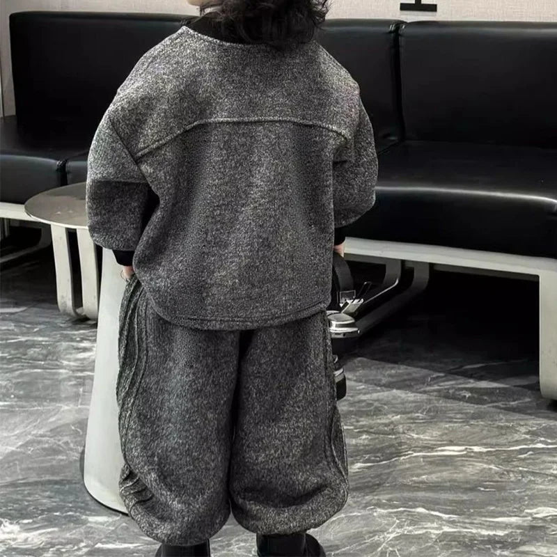 New Velvet Set  Children 2026 Spring Autumn Hoodie Korean Edition Cool Handsome Casual Pants Children's Wear Two Piece Set 4-12Y