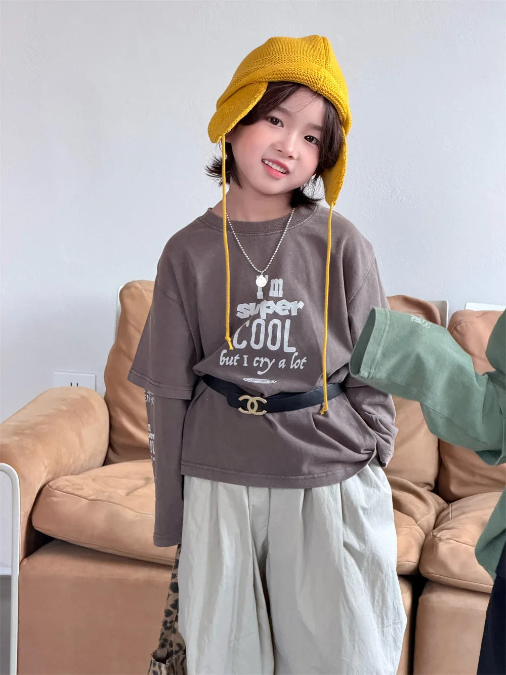2026 Spring New Korean Edition Children's Letter Fake Two Piece T-shirt for Boys and Girls Round Neck Long Sleeve